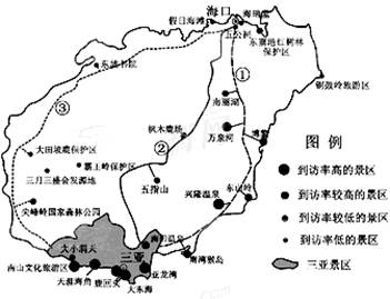 下图为“海南岛旅游资源分布图”。读图回答问题。⑴东寨港红树林保护区和尖峰岭国家森林公园属于旅游资源类型中的_________旅游资源,其旅 下图为“海南岛旅游资源分布图”。读图回答问题。⑴东寨港红树林保护区和尖峰岭国家森林公园属于旅游资源类型中的_________旅游资源,其旅