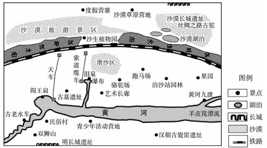 (10分)下图为我国某5A级沙漠生态旅游区景观分布示意图。读图回答问题。(10分)⑴指出该旅游区旅游资源的优势。(6分)(2)针对该旅游区生态环 (10分)下图为我国某5A级沙漠生态旅游区景观分布示意图。读图回答问题。(10分)⑴指出该旅游区旅游资源的优势。(6分)(2)针对该旅游区生态环
