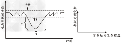 如下左图代表某生态系统功能随时间的变化曲线,请据图回答:(1)图中两条虚线之间的部分表示____________________ 如下左图代表某生态系统功能随时间的变化曲线,请据图回答:(1)图中两条虚线之间的部分表示____________________