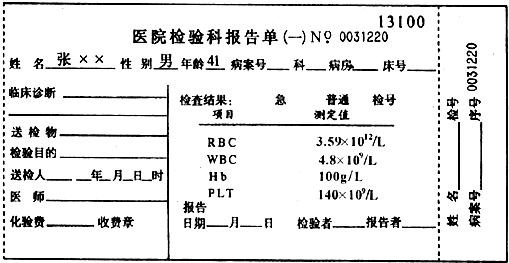 张睿的父亲感到身体不适,精神不振、疲劳、头晕,经医生检查,心率为90次/分,血压为16/10.7千帕,血常规化验结果如下:所测血压16/10.7千帕中的1 魔方格