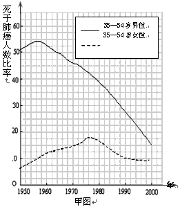 甲图为1950-2000年间,某国35-54岁年龄段的人死于肺癌的人数比率变化情况;乙图为1950-2000年间,该国35 甲图为1950-2000年间,某国35-54岁年龄段的人死于肺癌的人数比率变化情况;乙图为1950-2000年间,该国35