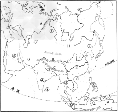 读“亚洲地区图”,回答:说说亚洲的半球位置:位于_______半球和_______半球。亚洲东面、南面和北面濒临的海洋分别是:_______ 读“亚洲地区图”,回答:说说亚洲的半球位置:位于_______半球和_______半球。亚洲东面、南面和北面濒临的海洋分别是:_______