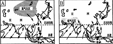 读图,回答下列问题在A图所示情况下,亚洲正值______季.在B图所示情况下,南亚盛行的风向是______风,来自于______洋.亚洲东部、 魔方格
