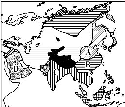 读“亚洲气候类型分布图”,回答下列问题.填写气候类型的名称:A______;B______;C______;D______.亚洲各种气候类型中,分布
