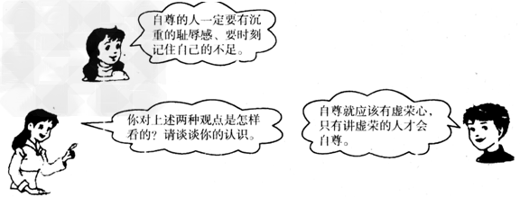 在一次研究性学习中,某活动小组就“知耻与自尊”、“虚荣与自尊”的关系进行了研究。小组讨论以后, 形成了以下两种观点。______ 在一次研究性学习中,某活动小组就“知耻与自尊”、“虚荣与自尊”的关系进行了研究。小组讨论以后, 形成了以下两种观点。______