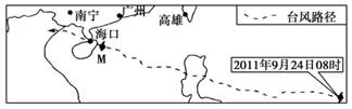 下图为2011年第17号热带风暴“纳沙”的运动路径示意图,读图回答小题。小题1:当台风中心到达图中M地时,海口的风向是( )。A.偏南风B.正东风C.正西风D 下图为2011年第17号热带风暴“纳沙”的运动路径示意图,读图回答小题。小题1:当台风中心到达图中M地时,海口的风向是( )。A.偏南风B.正东风C.正西风D