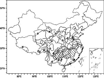 材料一:下图为2008年1月10日08时(北京时)至2月3日08时全国降水量和冻雨区分布图,图中降水量单位: mm; 右斜线范围 材料一:下图为2008年1月10日08时(北京时)至2月3日08时全国降水量和冻雨区分布图,图中降水量单位: mm; 右斜线范围