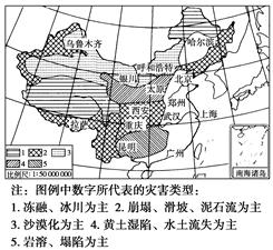 读“中国部分灾害分布图”,回答下列问题。小题1:关于图中灾害类型分布的叙述,正确的是( )A.灾害1主要分布在青藏高原和东北北部地区B.灾害2分布在青藏高原东 读“中国部分灾害分布图”,回答下列问题。小题1:关于图中灾害类型分布的叙述,正确的是( )A.灾害1主要分布在青藏高原和东北北部地区B.灾害2分布在青藏高原东