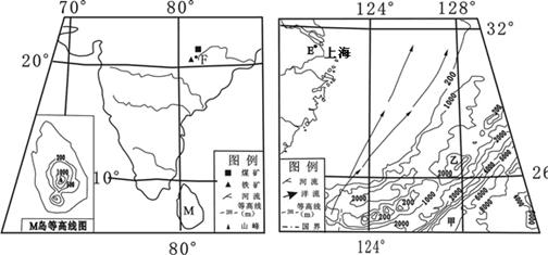 图A为南亚部分地区图,图B为东南海部分地区图。读图回答下列问题. 图A图B据图B等深线判断,甲地海底地形类型是,其成因是。据图A、图B, 图A为南亚部分地区图,图B为东南海部分地区图。读图回答下列问题. 图A图B据图B等深线判断,甲地海底地形类型是,其成因是。据图A、图B,