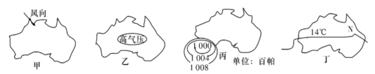 读某大陆示意图,完成下列问题。小题1:根据图中信息判断,四图中季节与其他三幅图不相同的是A.甲B.乙C.丙D.丁小题2:丁图中14℃等温线在N处弯曲的原因是A. 读某大陆示意图,完成下列问题。小题1:根据图中信息判断,四图中季节与其他三幅图不相同的是A.甲B.乙C.丙D.丁小题2:丁图中14℃等温线在N处弯曲的原因是A.