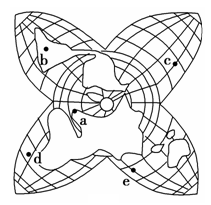 图为地球星瓣图,图中a为陆地相对集中的“陆半球”的极点(38°N,0°),据此回答下列问题。小题1:与陆半球对应的“水半球”的极点应是图中()A.bB.cC.d 图为地球星瓣图,图中a为陆地相对集中的“陆半球”的极点(38°N,0°),据此回答下列问题。小题1:与陆半球对应的“水半球”的极点应是图中()A.bB.cC.d