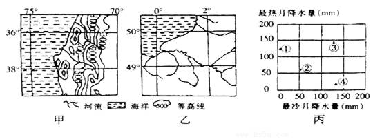 读下图中的甲、乙、丙三幅图,分析完成下列各题:丙图中的点,能正确反映乙地区降水特征的是。评价甲地区发展河运的条件。 读下图中的甲、乙、丙三幅图,分析完成下列各题:丙图中的点,能正确反映乙地区降水特征的是。评价甲地区发展河运的条件。