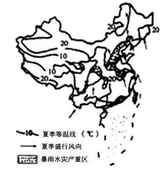 下图为我国某年夏季等温线和盛行风向图。读图完成下列各题。 1、图中最低温的成因主要是[ 下图为我国某年夏季等温线和盛行风向图。读图完成下列各题。 1、图中最低温的成因主要是[