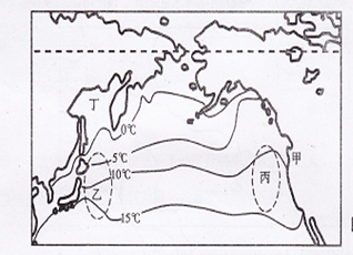 读“世界某区域及海水等温线图”,完成下列问题。(14分)(1)此图表示_______ (1月或7月)等温线分布状况,图中甲地有世界著名的圣海伦斯活火山,其形成的 读“世界某区域及海水等温线图”,完成下列问题。(14分)(1)此图表示_______ (1月或7月)等温线分布状况,图中甲地有世界著名的圣海伦斯活火山,其形成的