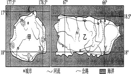 读图完成下列各题。小题1:图示信息表明A.甲岛位于乙岛的东南方向B.图4的比例尺比图5小C.城市均分布在河口三角洲D.公路走向多受河流影响小题2:某游客于当地区 读图完成下列各题。小题1:图示信息表明A.甲岛位于乙岛的东南方向B.图4的比例尺比图5小C.城市均分布在河口三角洲D.公路走向多受河流影响小题2:某游客于当地区