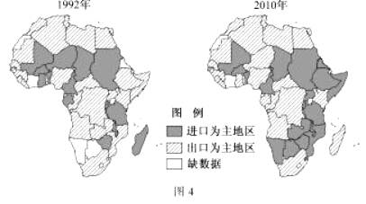 图4示意1992年~2010年中国对非洲农产品进出口的变化。读图回答下列小题。小题1:中国对非洲农产品进出口变化最大的区域是A.非洲东部B.非洲中部C.非洲西 图4示意1992年~2010年中国对非洲农产品进出口的变化。读图回答下列小题。小题1:中国对非洲农产品进出口变化最大的区域是A.非洲东部B.非洲中部C.非洲西