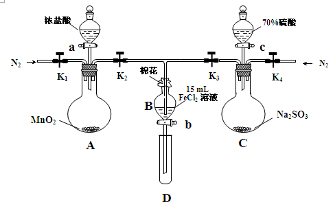 为验证氧化性Cl2>Fe3+>SO2,某小组用下图所示装置进行实验实验过程如下:Ⅰ.打开弹簧夹K1~K4 为验证氧化性Cl2>Fe3+>SO2,某小组用下图所示装置进行实验实验过程如下:Ⅰ.打开弹簧夹K1~K4
