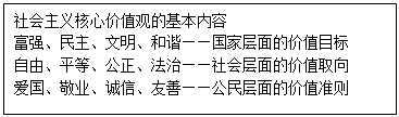 材料一社会主义核心价值观三个层次的理念相互贯通,实现了政治理想、社会导向、行为准则的统一,实现了国家、集体、个人在价值目标上的统一 材料一社会主义核心价值观三个层次的理念相互贯通,实现了政治理想、社会导向、行为准则的统一,实现了国家、集体、个人在价值目标上的统一