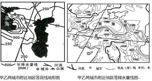 甲乙为中纬度两座城市,左图为“甲乙两城市附近地区等高线地形图”,右图为“甲乙两城市附近地区等降水量线图”,右下图为中图中“甲地气温和降水量柱状图”。读图回答问题 甲乙为中纬度两座城市,左图为“甲乙两城市附近地区等高线地形图”,右图为“甲乙两城市附近地区等降水量线图”,右下图为中图中“甲地气温和降水量柱状图”。读图回答问题