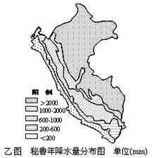 甲图为秘鲁人口、矿产、河流分布示意图,乙图为秘鲁年降水量分布图单位(mm)。读图,完成下列问题。⑴读乙图,描述秘鲁年降水量分布规律。⑵说出乙图中洋流流向 甲图为秘鲁人口、矿产、河流分布示意图,乙图为秘鲁年降水量分布图单位(mm)。读图,完成下列问题。⑴读乙图,描述秘鲁年降水量分布规律。⑵说出乙图中洋流流向