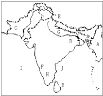 读南亚地区图,回答问题.写出图中字母代表的地理事物的名称:河流:C______.海湾:J______.高原:H______.H所在的半岛是_____ 魔方格