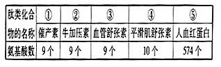用氨基酸自动分析仪测试几种肽类化合物的氨基酸数目如下:(1)表中①与②或③与④虽然功能相近,但各具有专一性,它们之间的差异取决于 用氨基酸自动分析仪测试几种肽类化合物的氨基酸数目如下:(1)表中①与②或③与④虽然功能相近,但各具有专一性,它们之间的差异取决于