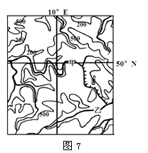 图7为欧洲西部实力最强国家的等高线图,据此完成问题。小题1:据图判断正确的是A.甲、乙两河流的流向一致B.地势西高东低,丘陵为主C.河流冬季封冻期长,航运不发达 图7为欧洲西部实力最强国家的等高线图,据此完成问题。小题1:据图判断正确的是A.甲、乙两河流的流向一致B.地势西高东低,丘陵为主C.河流冬季封冻期长,航运不发达