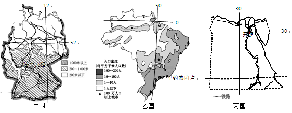 读甲、乙、丙三国轮廓及相关事物分布图,完成以下各题。甲国地形特点:;乙国人口分布特点:;丙国铁路分布特点:。关于三国的叙述,正确的是(4分 读甲、乙、丙三国轮廓及相关事物分布图,完成以下各题。甲国地形特点:;乙国人口分布特点:;丙国铁路分布特点:。关于三国的叙述,正确的是(4分