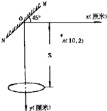 如图所示在直角坐标系原点O处放置平面镜MN,它与坐标轴x呈45°.在O点正下方处水平放置一焦距为1O厘米凸透镜.A为一点光源,则关于凸透镜所成的