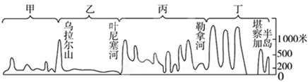 如图是俄罗斯地形剖面图,有关地形名称的叙述,正确的是A.甲是东西伯利亚山地B.乙是东欧平原C.丙是中西伯利亚高原D.丁是西西伯利亚平原