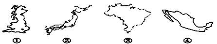 读四个国家轮廓图(比例尺不同),回答下列各题。小题1:图中人口增长模式属于“三低”模式的是A.①② B.③④C.①③D.②④小题2:图中②国家实际国土面积小 读四个国家轮廓图(比例尺不同),回答下列各题。小题1:图中人口增长模式属于“三低”模式的是A.①② B.③④C.①③D.②④小题2:图中②国家实际国土面积小
