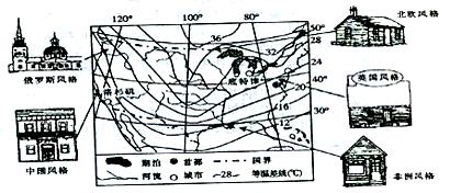 读美国本土气温年较差分布图和部分建筑景观图,回答下列问题。中国风格和俄罗斯风格的建筑主要位于美国西部,其他风格的建筑主要出现在美国东部和南部,简 读美国本土气温年较差分布图和部分建筑景观图,回答下列问题。中国风格和俄罗斯风格的建筑主要位于美国西部,其他风格的建筑主要出现在美国东部和南部,简