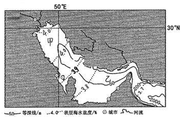 读某区域海水盐度示意图,回答下列各题。小题1:关于该海域说法正确的是A.该海域盐度自东南向西北一直升高B.海域表面石油污染严重且向外海流动C.乙处盐度较甲处偏低 读某区域海水盐度示意图,回答下列各题。小题1:关于该海域说法正确的是A.该海域盐度自东南向西北一直升高B.海域表面石油污染严重且向外海流动C.乙处盐度较甲处偏低