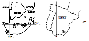 第19届世界杯足球赛于2010年6月11日至7月12日在南非举行,最终西班牙队获得了冠军。结合南非和西班牙两国地图,回答问题。小题1:世界杯期间,南非与西班牙相 第19届世界杯足球赛于2010年6月11日至7月12日在南非举行,最终西班牙队获得了冠军。结合南非和西班牙两国地图,回答问题。小题1:世界杯期间,南非与西班牙相