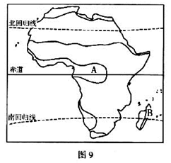 读图9“非洲气候类型分布图”,回答下列问题。非洲气候具有气温高、干燥地区广、气候类型南北对称分布三个显著特征,试分别分析形成原因。图中A、B 读图9“非洲气候类型分布图”,回答下列问题。非洲气候具有气温高、干燥地区广、气候类型南北对称分布三个显著特征,试分别分析形成原因。图中A、B