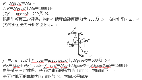 如图所示,质量为80 kg的物体放在安装在小车上的水平磅秤上,小车在平行于斜面的拉力F作用下沿斜面无摩擦地向上运动,现观察到物体在磅秤上读数为1000 N.已知 如图所示,质量为80 kg的物体放在安装在小车上的水平磅秤上,小车在平行于斜面的拉力F作用下沿斜面无摩擦地向上运动,现观察到物体在磅秤上读数为1000 N.已知