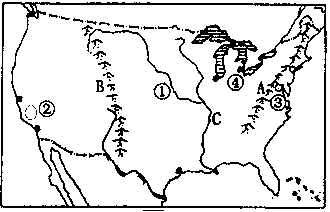 读美国地图,回答问题: ⑴填出图中所代表的地理事物名称A___________,B___________________山,C_______ 读美国地图,回答问题: ⑴填出图中所代表的地理事物名称A___________,B___________________山,C_______