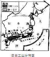 读“日本工业分布图”,回答下列问题:由图可知,日本临______洋,______海;领土主要由A______、B______、四国岛和九州岛四个大岛组成. 魔方格
