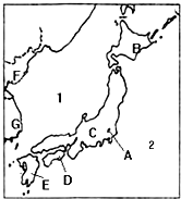 读日本图,回答问题:填注日本主要四大岛屿:B、北海道岛;C、本州岛;D、四国岛;E、______与日本隔海相望的国家F、朝鲜G.______填 魔方格