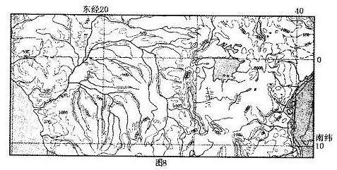 读图8,回答问题。1.有关图中赤道地区东、西部地理环境描述正确的是A.地势西高东低,东部以平原盆地为主,西部以高原山地为主B.赤道横贯东西,东、西部均为热带 读图8,回答问题。1.有关图中赤道地区东、西部地理环境描述正确的是A.地势西高东低,东部以平原盆地为主,西部以高原山地为主B.赤道横贯东西,东、西部均为热带