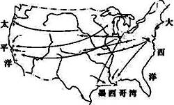 右图为美国示意图,读图回答5~6题。小题1:有关图中箭头的地理涵义叙述正确的是A.该箭头表示农畜产品的调运B.该箭头表示花卉水果的流向C.该箭头表示矿产资源的运 右图为美国示意图,读图回答5~6题。小题1:有关图中箭头的地理涵义叙述正确的是A.该箭头表示农畜产品的调运B.该箭头表示花卉水果的流向C.该箭头表示矿产资源的运