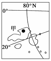 下图中的甲地所在岛屿南、北端纬度相差近6度,读图完成9~10题。小题1:甲地的极夜期长达A.130天左右B.100天左右C.50天左右D.20天左右小题2:北京 下图中的甲地所在岛屿南、北端纬度相差近6度,读图完成9~10题。小题1:甲地的极夜期长达A.130天左右B.100天左右C.50天左右D.20天左右小题2:北京