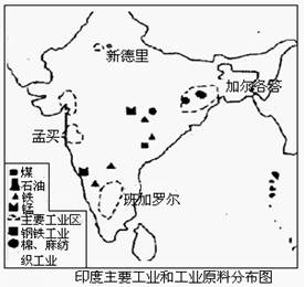 2005年4月,温家宝总理访问印度期间,公布了中印两国经济合作的五年规划,确立了双方在经贸领域的奋斗目标。读印度主要工业和工业原料分布图,结合所学地理知识,回答 2005年4月,温家宝总理访问印度期间,公布了中印两国经济合作的五年规划,确立了双方在经贸领域的奋斗目标。读印度主要工业和工业原料分布图,结合所学地理知识,回答
