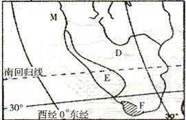 读非洲某区域图,回答29~30题。小题1:E为纳米布沙漠,它沿非洲西南大西洋海岸延伸2100千米,该沙漠最宽处达160千米,而最狭处只有10千米,其沿海岸线延伸 读非洲某区域图,回答29~30题。小题1:E为纳米布沙漠,它沿非洲西南大西洋海岸延伸2100千米,该沙漠最宽处达160千米,而最狭处只有10千米,其沿海岸线延伸