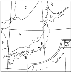 读日本图回答:海:A______B______.邻国:C______F______.岛屿:D______K______.城市:H____ 魔方格