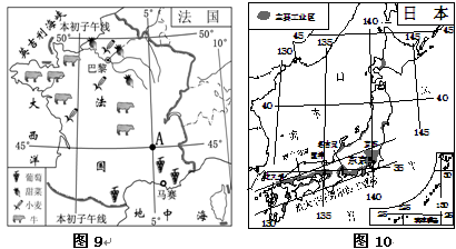读图9“法国”和图10“日本”两幅简图。回答下列问题。图中本初子午线是指 度经线。从纬度位置看,法国位于半球。从海陆位置看,日本东临 洋。( 读图9“法国”和图10“日本”两幅简图。回答下列问题。图中本初子午线是指 度经线。从纬度位置看,法国位于半球。从海陆位置看,日本东临 洋。(