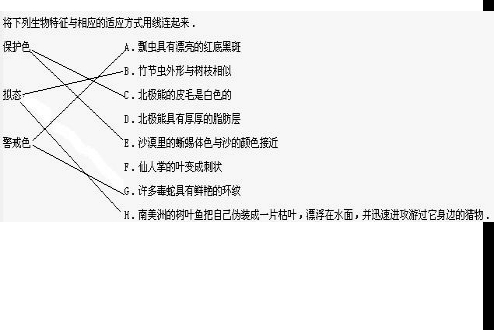 将下列生物特征与相应的适应方式用线连起来.保护色A.瓢虫具有漂亮的红底黑斑B.竹节虫外形与树枝相似拟态C.北极熊的皮毛是白色的D.北极熊具有厚厚的脂肪层警戒色E 魔方格
