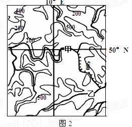 图2为世界某区域等高线图,读图回答5—6题。小题1:关于该区域自然环境特征的叙述,正确的是A.甲、乙两河流的流向一致B.地势西高东低,丘陵为主C.河流冬季封冻期 图2为世界某区域等高线图,读图回答5—6题。小题1:关于该区域自然环境特征的叙述,正确的是A.甲、乙两河流的流向一致B.地势西高东低,丘陵为主C.河流冬季封冻期