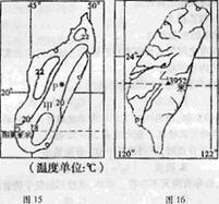 图15、16分别是甲岛7月等温线分布示意图和乙岛水系分布示意图,读图回答下列总是。图15中P地比同纬度气温________,主要原因是_____ 图15、16分别是甲岛7月等温线分布示意图和乙岛水系分布示意图,读图回答下列总是。图15中P地比同纬度气温________,主要原因是_____
