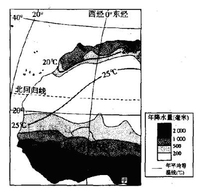 读某大陆局部地区年降水量和年均温等值线图,完成3-4题。小题1:图中25℃等温线西侧折向纬度低的地区,主要是由于A.山脉延伸B.植被稀疏C.沿岸寒流D.河流流向 读某大陆局部地区年降水量和年均温等值线图,完成3-4题。小题1:图中25℃等温线西侧折向纬度低的地区,主要是由于A.山脉延伸B.植被稀疏C.沿岸寒流D.河流流向